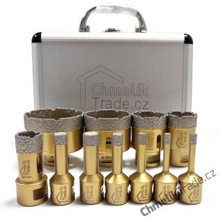 11-dílná sada diamantových korunek Chmelík Drill Gold 2x6, 8, 10, 12, 14, 22, 35, 40, 55, 68 mm M14 v hliníkovém kufru